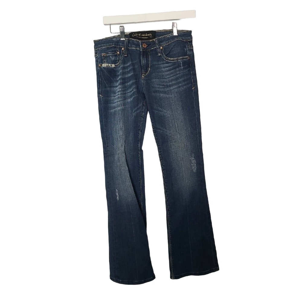 Cult of Individuality Blue Denim Bootcut Mid Rise Distressed Jeans Woman Size 29